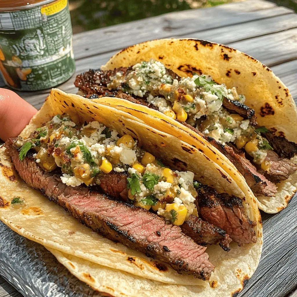Spice up your taco night with Grilled Steak Elote Tacos! These delicious tacos feature perfectly grilled steak topped with flavorful corn, creamy cheese, and zesty lime. They're a must-try for any barbecue or summer gathering. Save this recipe for a tasty twist on a classic dish that’s sure to impress your guests!