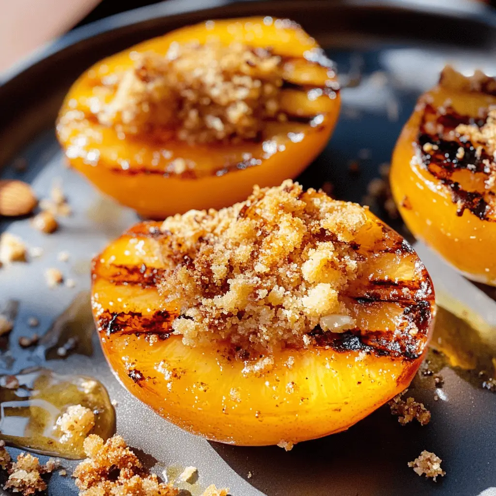 Sweet grilled peaches drizzled with maple syrup, topped with crunchy almond cookie crumbs make this dessert a delightful treat! Perfect for summer gatherings or a cozy evening at home. Save this mouthwatering recipe to impress your guests or enjoy a special moment with loved ones. Don't miss out on this unique combination of flavors!