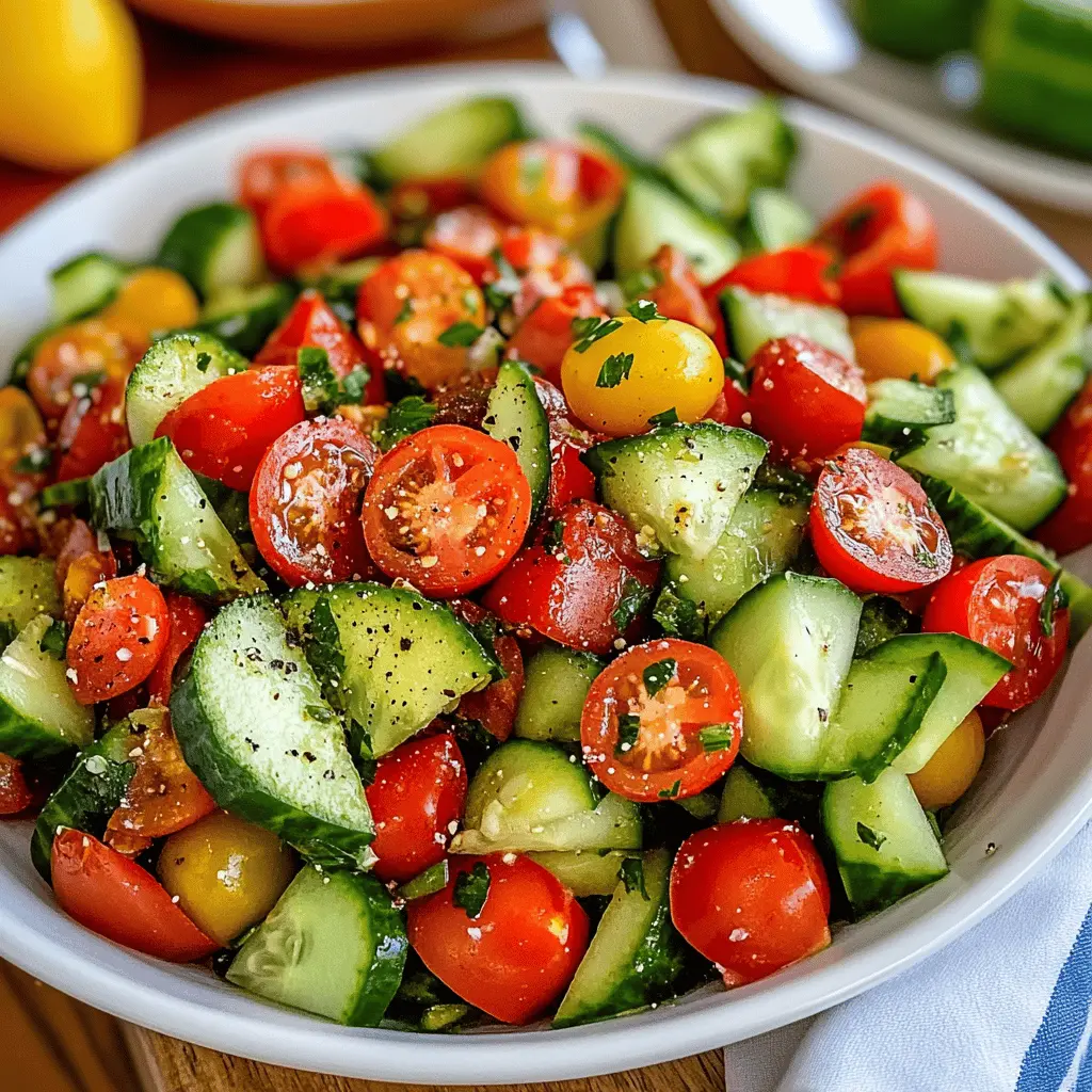 Fresh and vibrant, this Mediterranean Cucumber Tomato Salad is a delightful blend of crisp cucumbers, juicy tomatoes, and zesty herbs. Perfect for summer gatherings or as a refreshing side dish, it's a healthy addition to any meal. Save this recipe to enjoy the flavors of the Mediterranean anytime! Ideal for picnics, barbecues, or simple weeknight dinners.