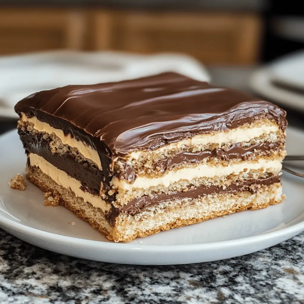This No-bake Chocolate Eclair Cake is the perfect treat for those who love quick and delicious desserts! Layers of creamy vanilla pudding, rich chocolate frosting, and buttery graham crackers come together for a delightful no-fuss dessert. Save this recipe for your next celebration or family gathering; it's sure to impress with its decadent flavor and creamy texture!