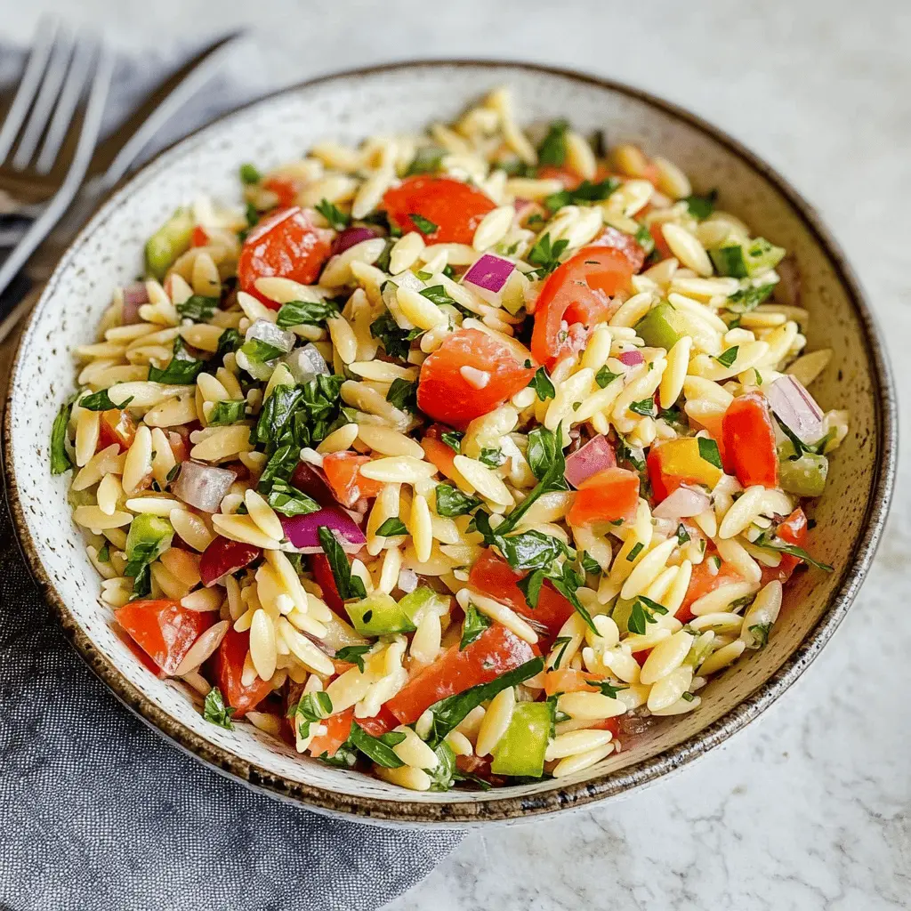 This refreshing Orzo Salad is a perfect blend of vibrant colors and flavors! With tender orzo pasta, crunchy veggies, and a zesty lemon vinaigrette, it's ideal for picnics, potlucks, or light weeknight dinners. Packed with nutrients and quick to prepare, this dish is your go-to for a satisfying meal. Save this delicious recipe for your next gathering!