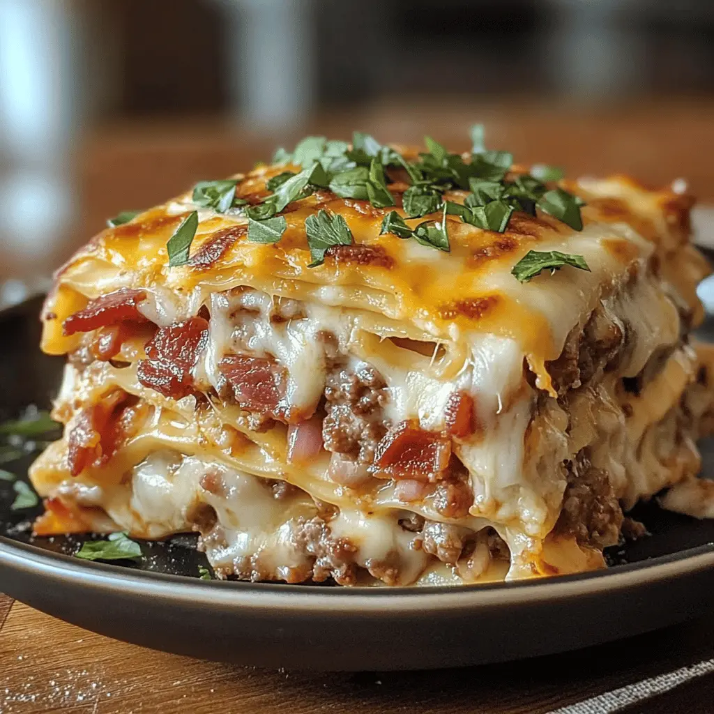 This Parmesan Garlic Bacon Cheeseburger Lasagna is a crowd-pleaser that combines all your favorite flavors in one dish! With layers of cheesy goodness, savory bacon, and rich garlic sauce, it's perfect for family dinners or gatherings. Don't forget to save this recipe for a delightful twist on classic lasagna that everyone will love! Perfect for a cozy night in or a fun get-together!