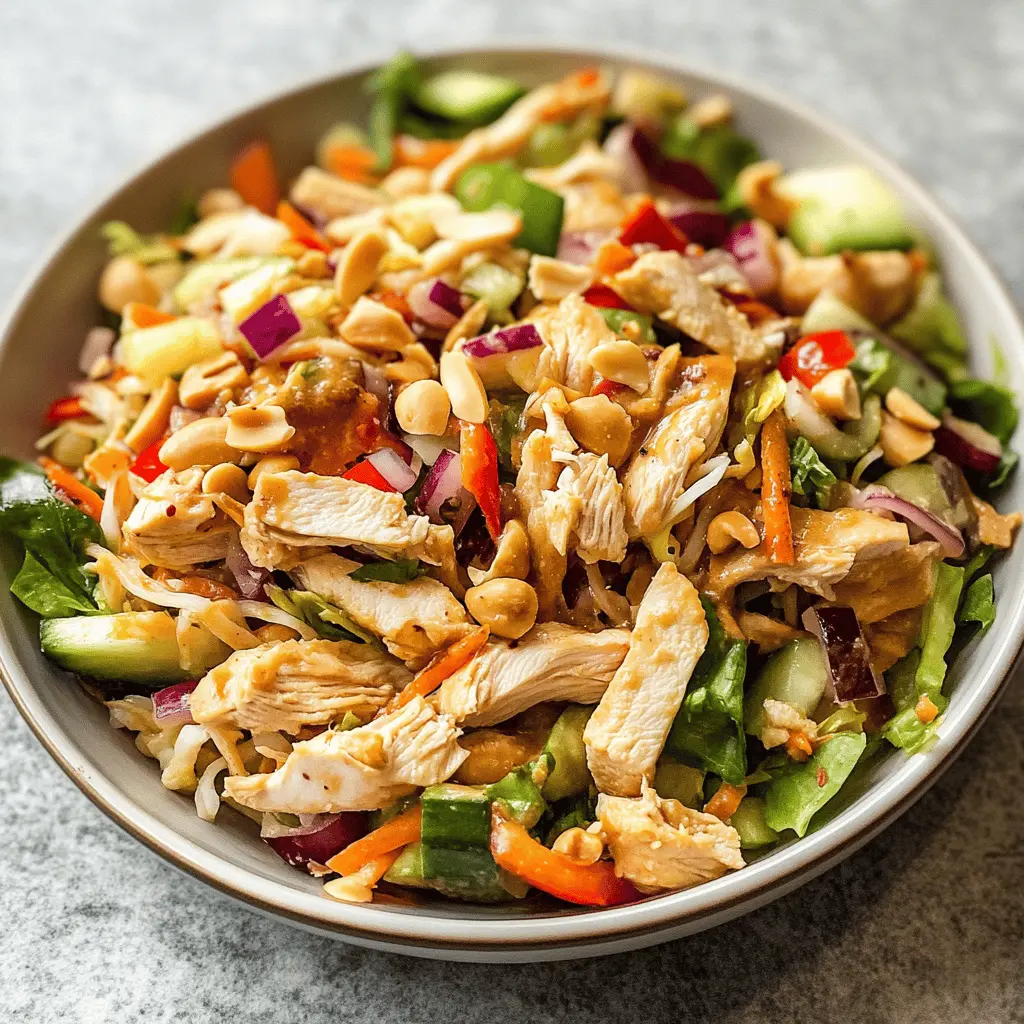 Refresh your meal time with this Thai Chicken Salad featuring a zesty peanut dressing! Packed with colorful veggies, tender chicken, and a delightful crunch, every bite is a burst of flavor. Perfect for lunch or a light dinner, this dish brings the taste of Thailand straight to your table. Save this recipe for a healthy and tasty meal that'll impress your family and friends!