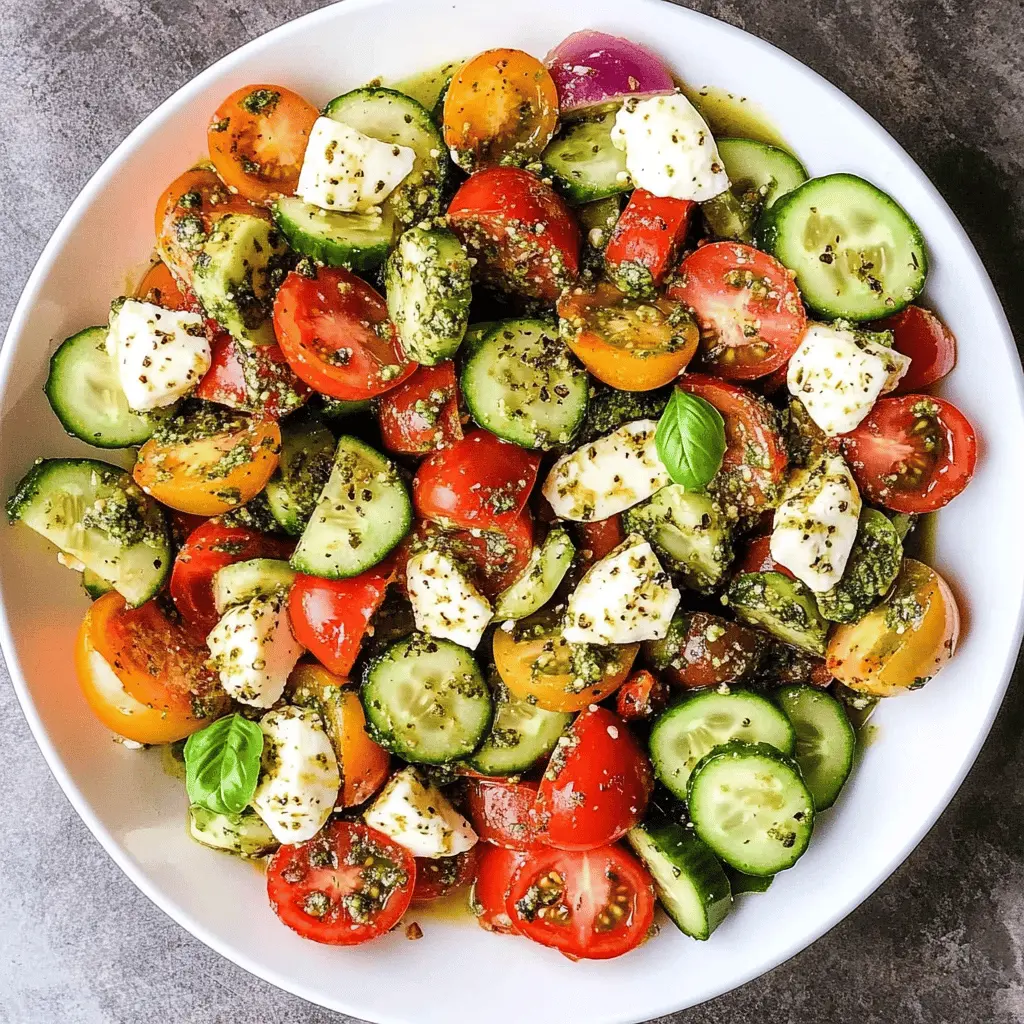 Fresh, vibrant, and packed with flavor—this Tomato Cucumber Salad with Avocado, Mozzarella, and Basil Pesto is a must-try! Bursting with juicy tomatoes, creamy mozzarella, and crunchy cucumbers, it's perfect as a light lunch or a refreshing side dish at any gathering. Save this recipe for sunny days and outdoor picnics!