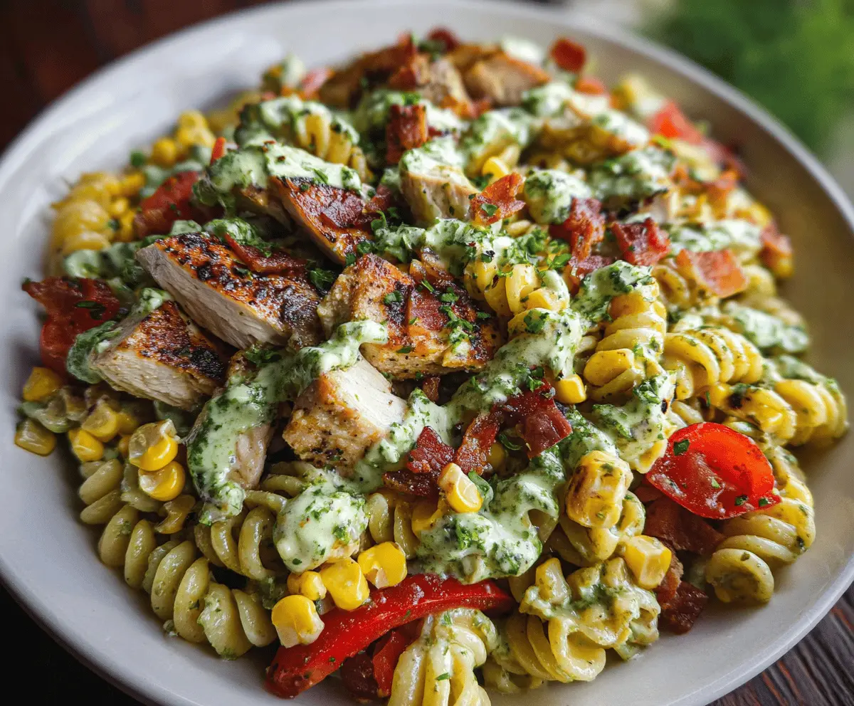 Easy Chicken Corn Pasta Salad with Bacon and Creamy Pesto