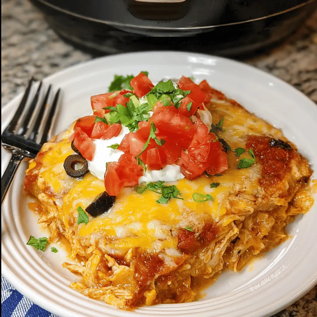 Easy Hearty Crockpot Chicken Enchilada Casserole