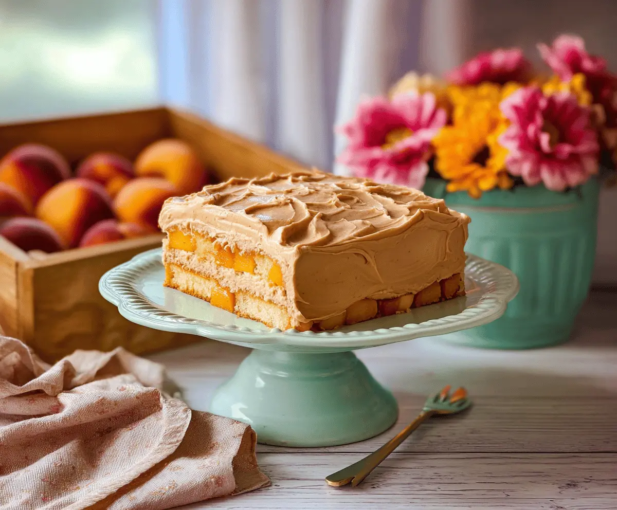 Moist Peach Cake with Brown Sugar Frosting