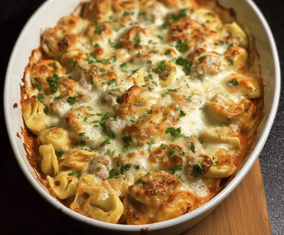 Creamy Alfredo Tortellini Bake topped with melted cheese and fresh herbs in a baking dish, ready to serve.