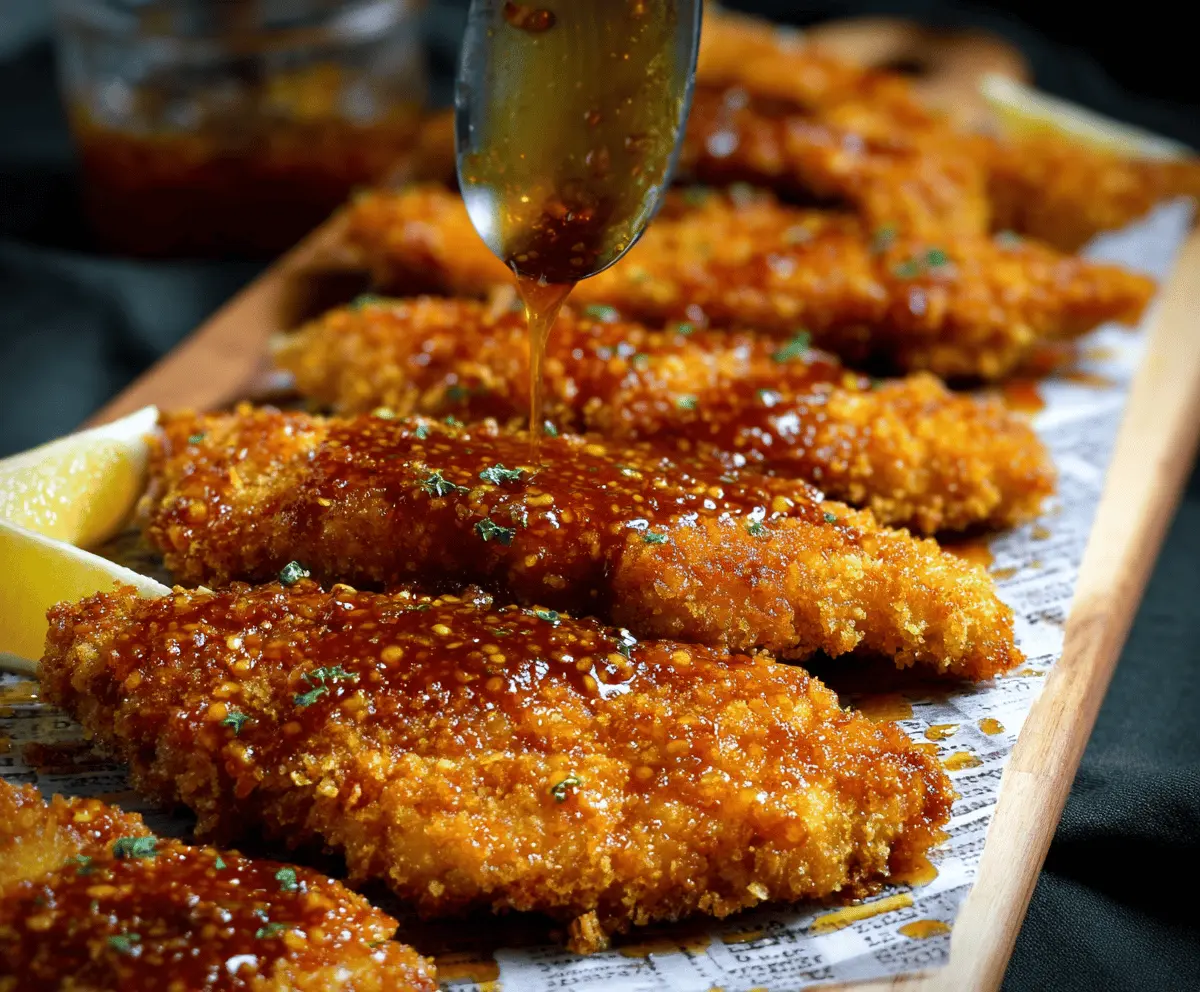 Golden baked crunchy hot honey chicken served on a plate with crispy coating and drizzled with spicy honey glaze, perfect for a flavorful meal.