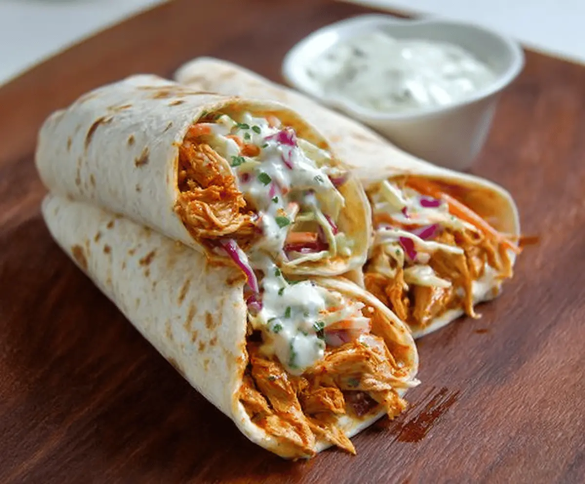 Delicious BBQ Chicken Coleslaw Wraps with grilled chicken, creamy coleslaw, and fresh vegetables in a soft wrap bread on a platter.