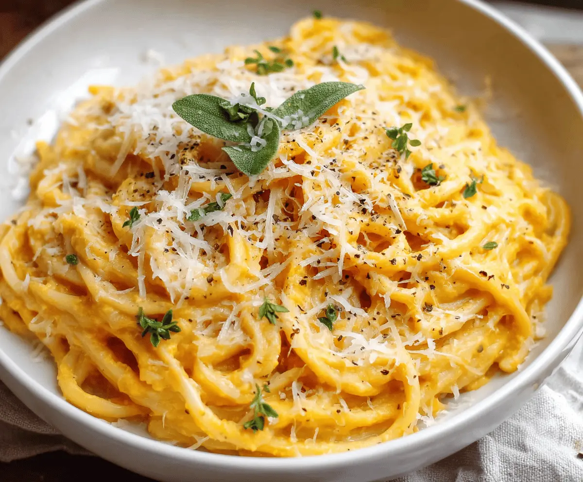 Creamy butternut squash pasta sauce served over cooked pasta, garnished with fresh herbs for a delicious and healthy vegetarian meal.