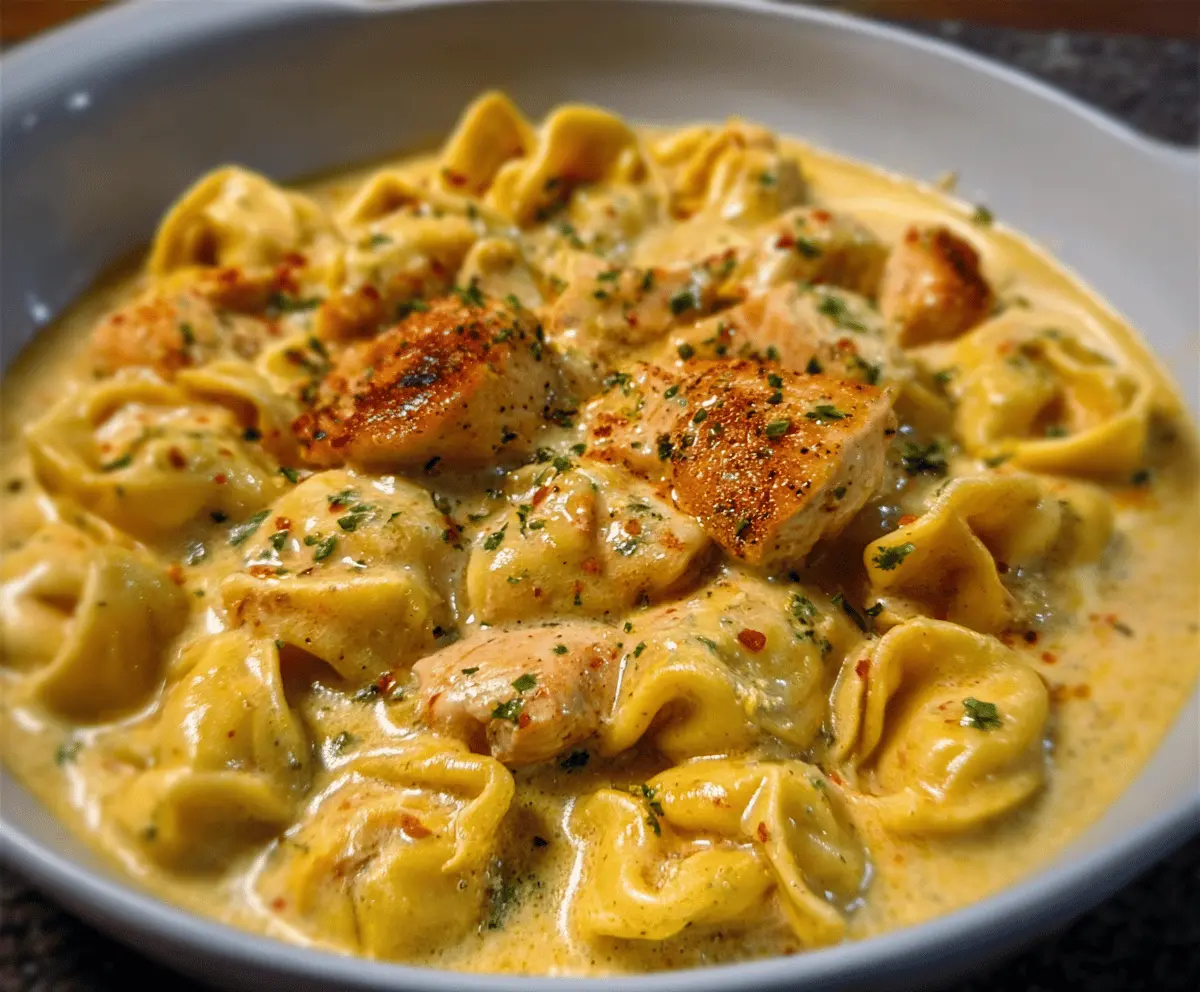 Creamy Cajun Garlic Chicken Tortellini with Three-Cheese Sauce in a bowl
