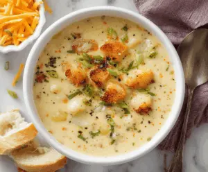 Creamy cheddar garlic herb potato soup served in a bowl with melted cheese, fresh herbs, and crispy bread on the side.