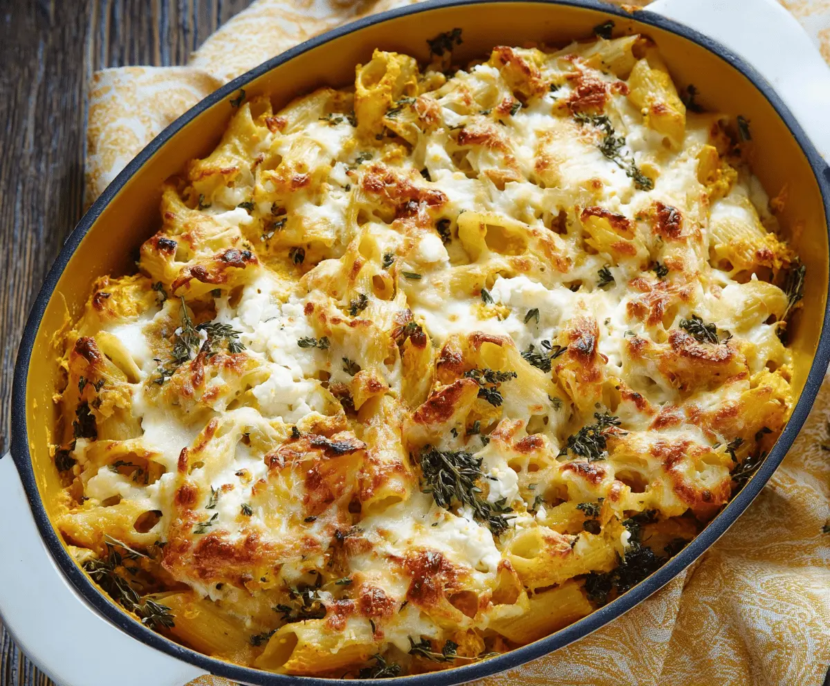 Creamy cheesy pumpkin ricotta pasta bake topped with melted cheese and fresh herbs, ready to serve
