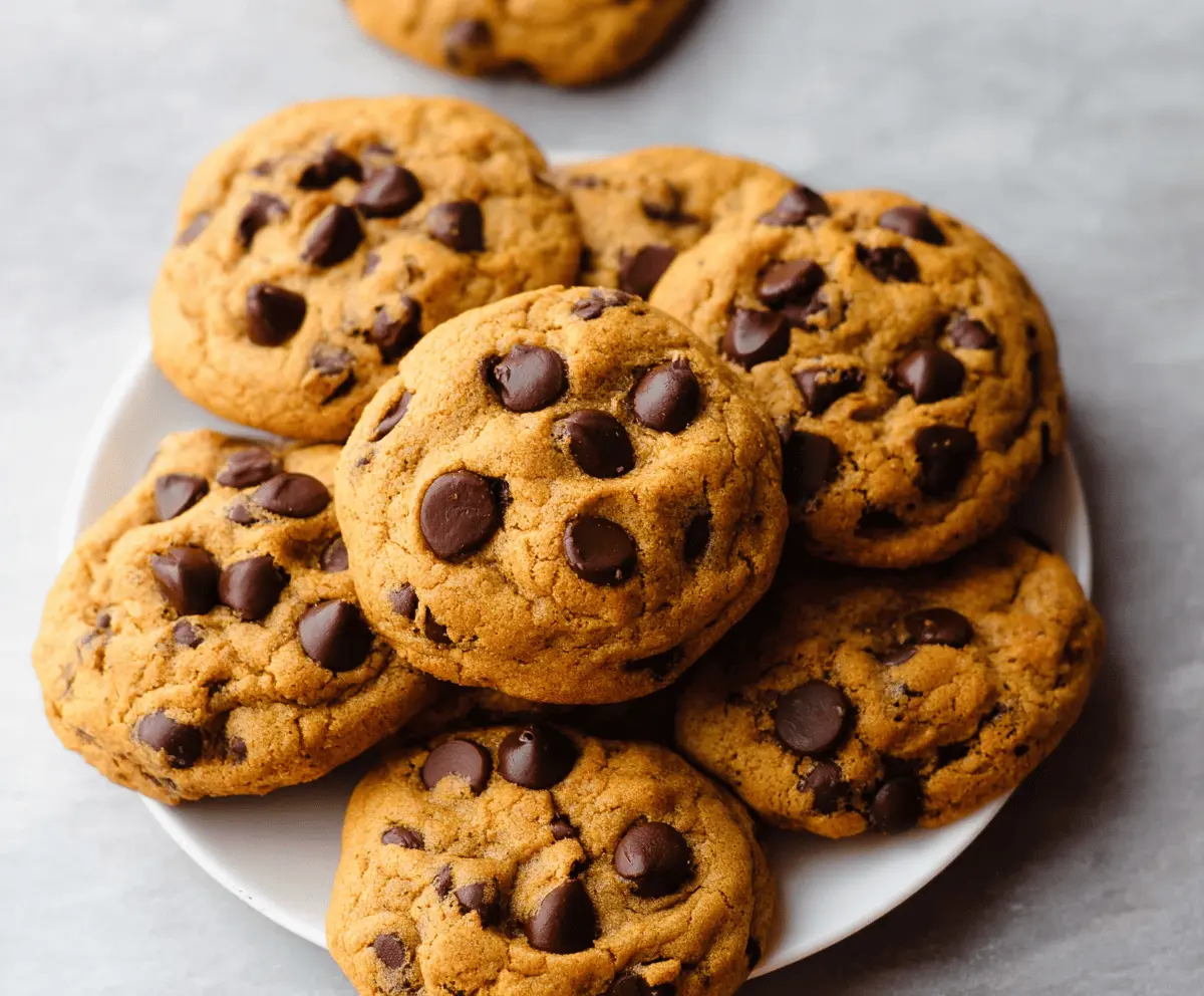 Delicious chewy pumpkin chocolate chip cookies with a golden-brown crust and melty chocolate chips on top, perfect for fall desserts.