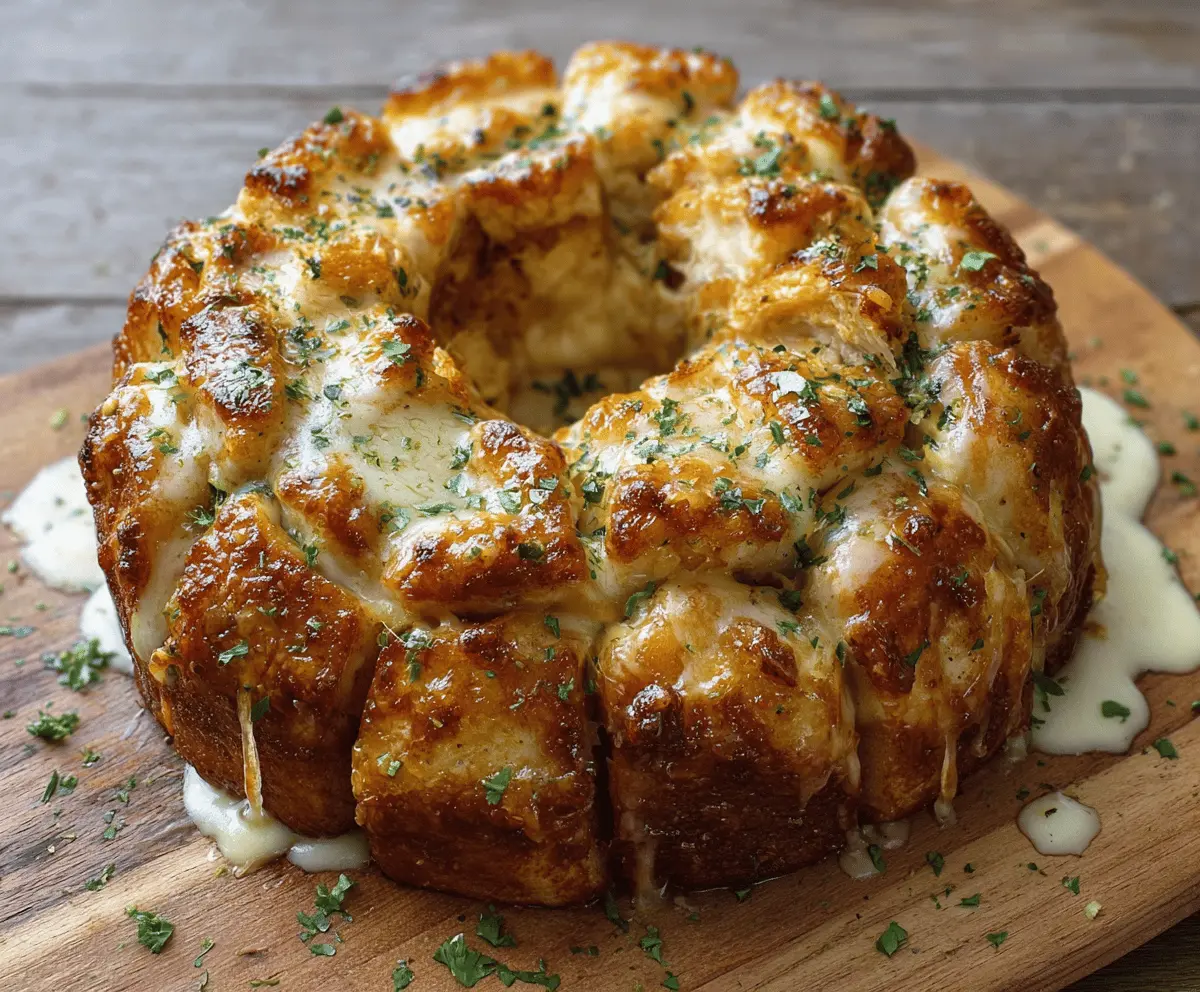 Delicious Chicken Alfredo Monkey Bread topped with melted cheese and herbs, served on a white plate
