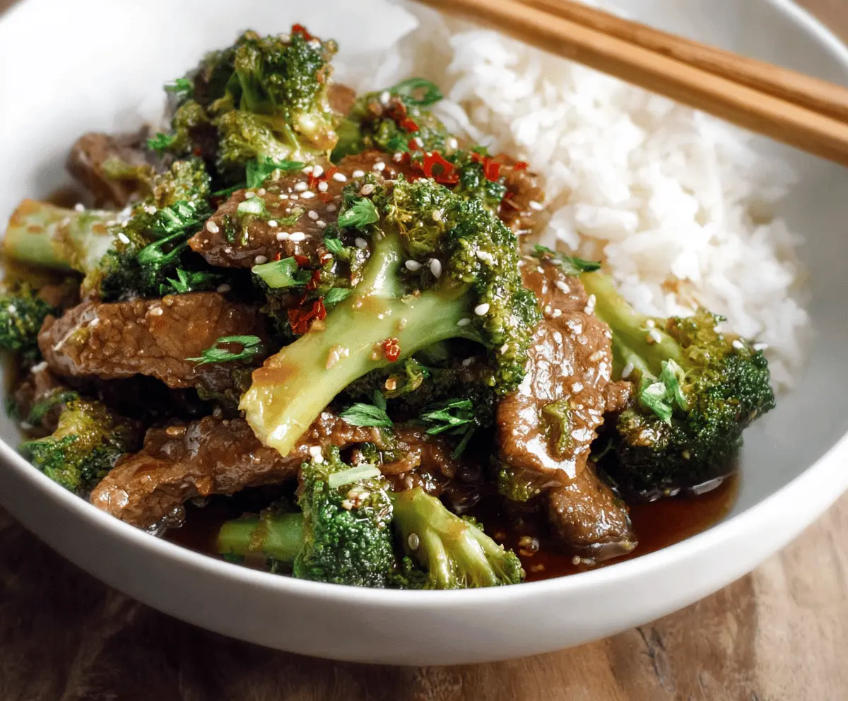 Delicious Chinese Beef and Broccoli stir-fry served on a white plate, featuring tender beef strips and fresh broccoli florets in savory sauce.