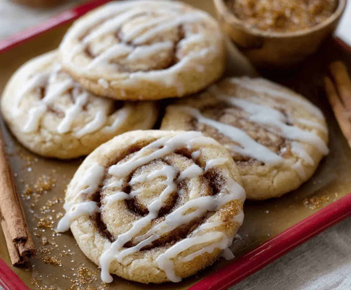 Delicious cinnamon roll-inspired sugar cookies with swirled cinnamon frosting, perfect for sweet treats and baking fun.