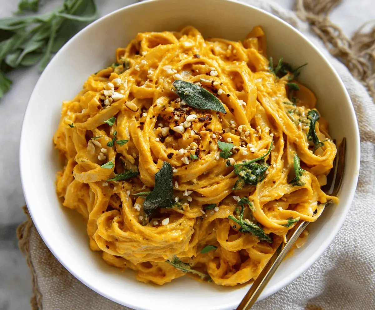 Creamy pumpkin pasta served in a white bowl garnished with fresh herbs, showcasing a delicious and creamy autumn-inspired Italian dish.