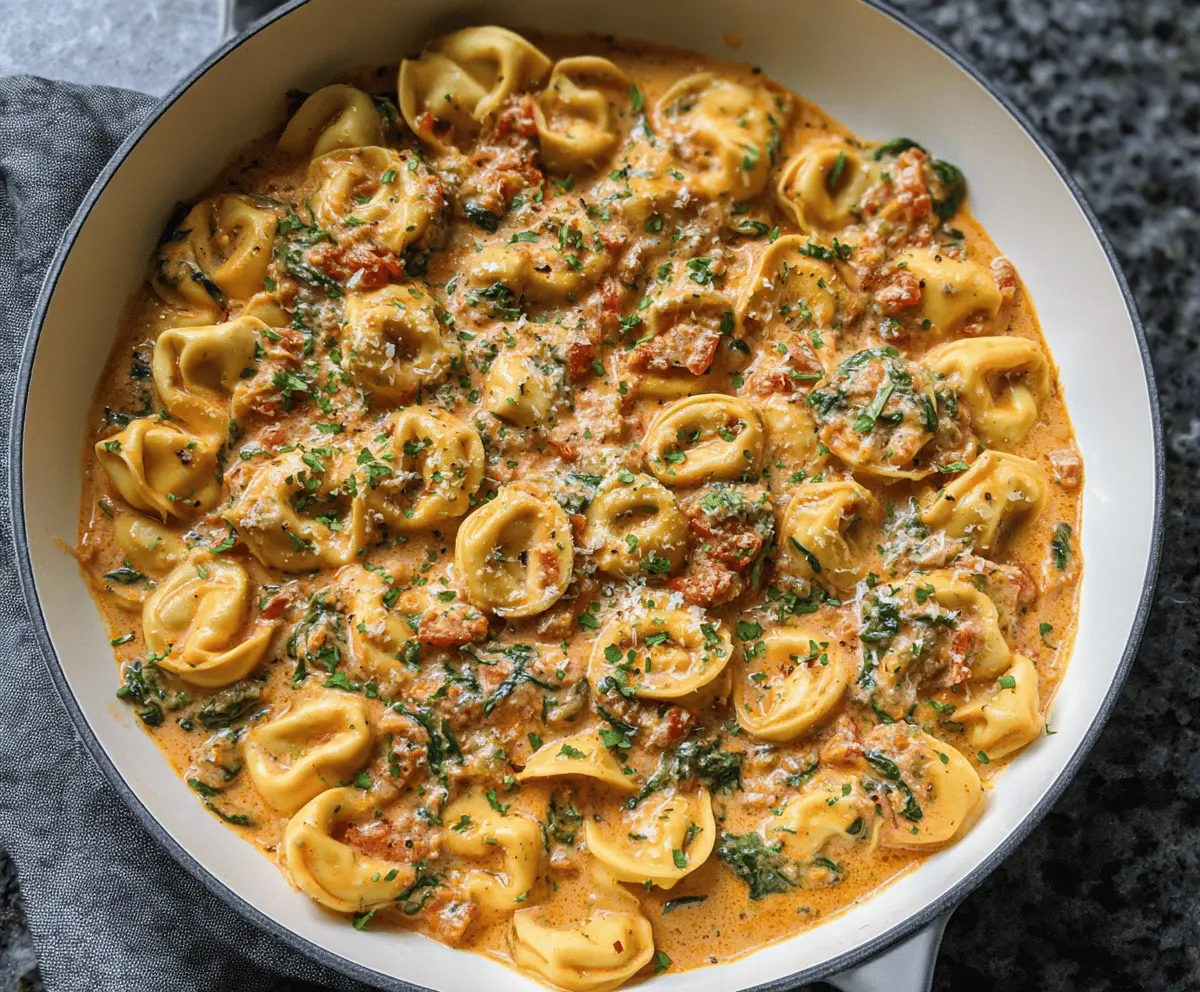 Creamy spinach and tomato tortellini dish featuring melted cheese-filled tortellini tossed in a rich, creamy sauce with fresh spinach and ripe tomatoes