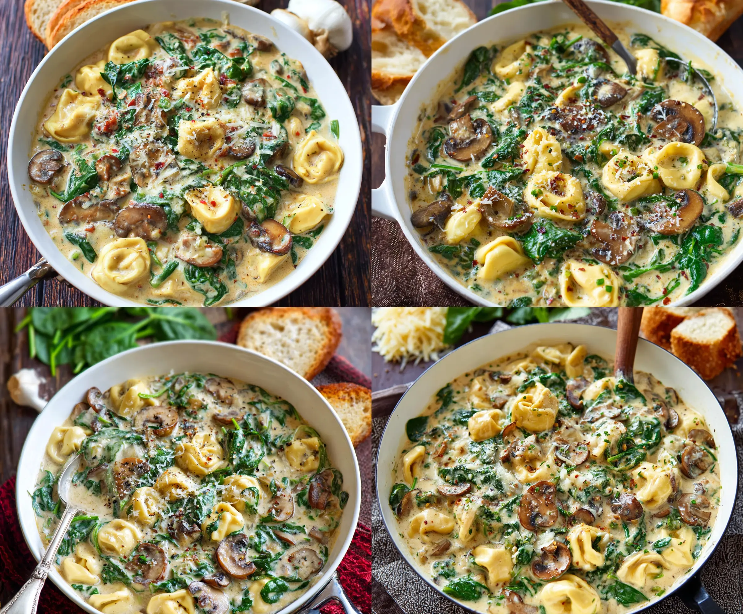 Creamy tortellini pasta with fresh spinach and sautéed mushrooms in a delicious sauce