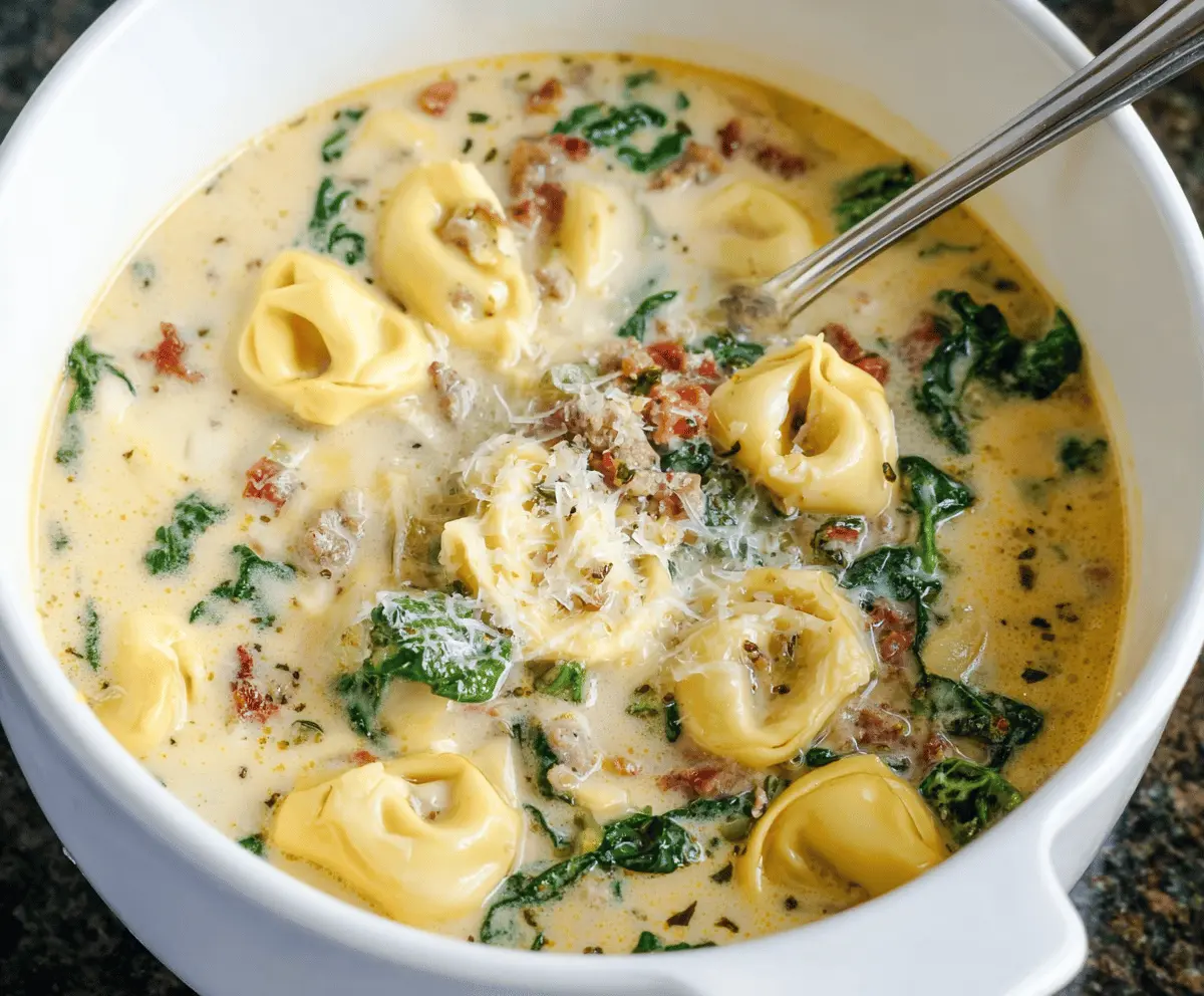 Creamy Tuscan Garlic Tortellini Soup with spinach, sun-dried tomatoes, and fresh herbs in a bowl, showcasing a rich and flavorful Italian-inspired soup.