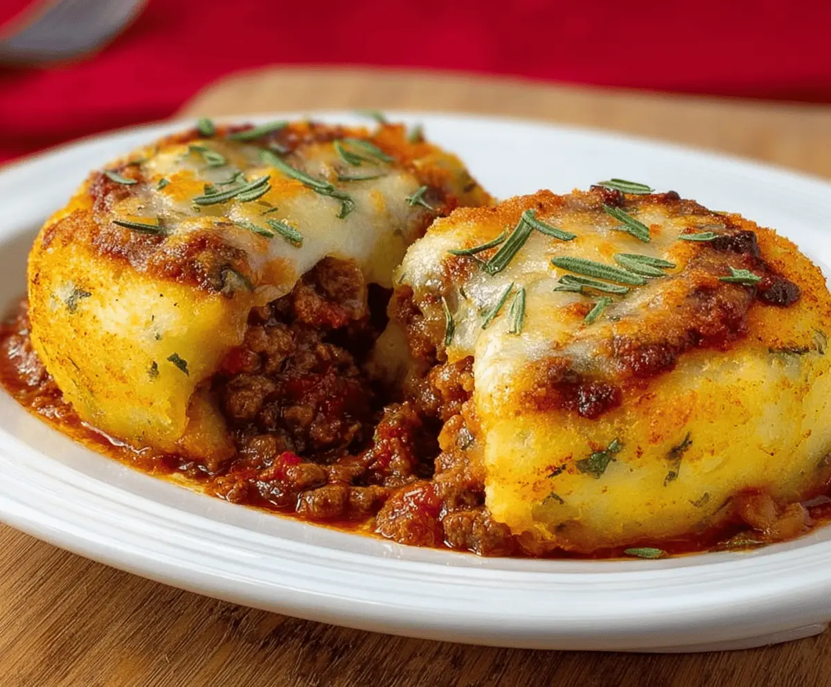 Crispy mashed potatoes stuffed with melted cheese and savory beef filling, served golden brown and appetizing