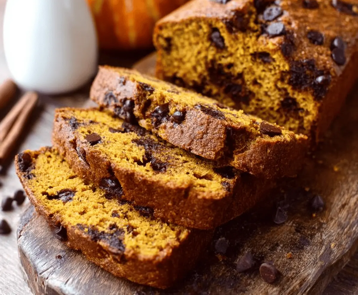 Decadent pumpkin bread loaded with chocolate chips, perfect for fall baking and holiday treats