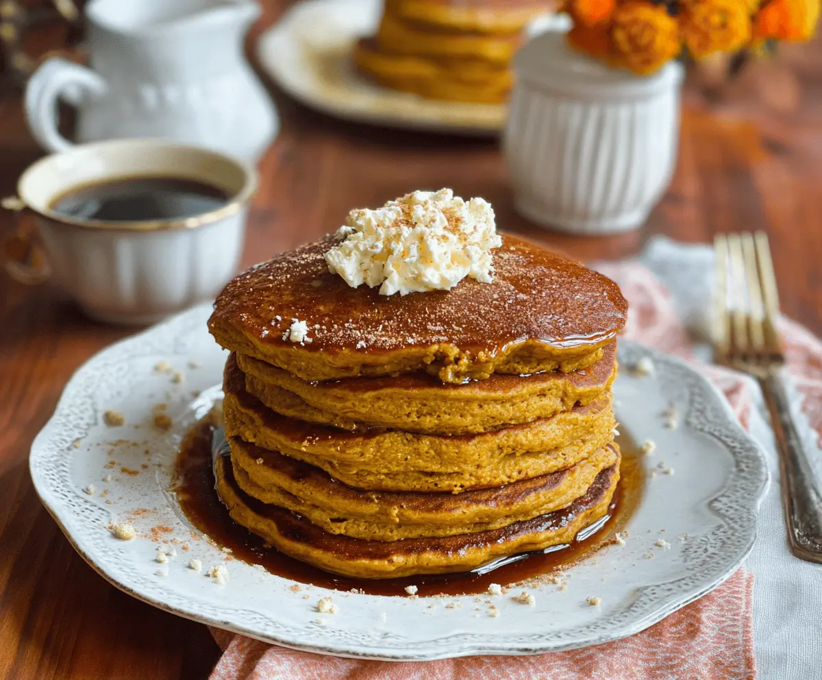Delicious Gilmore Girls-inspired pumpkin pancakes topped with whipped cream and cinnamon for a cozy fall breakfast.