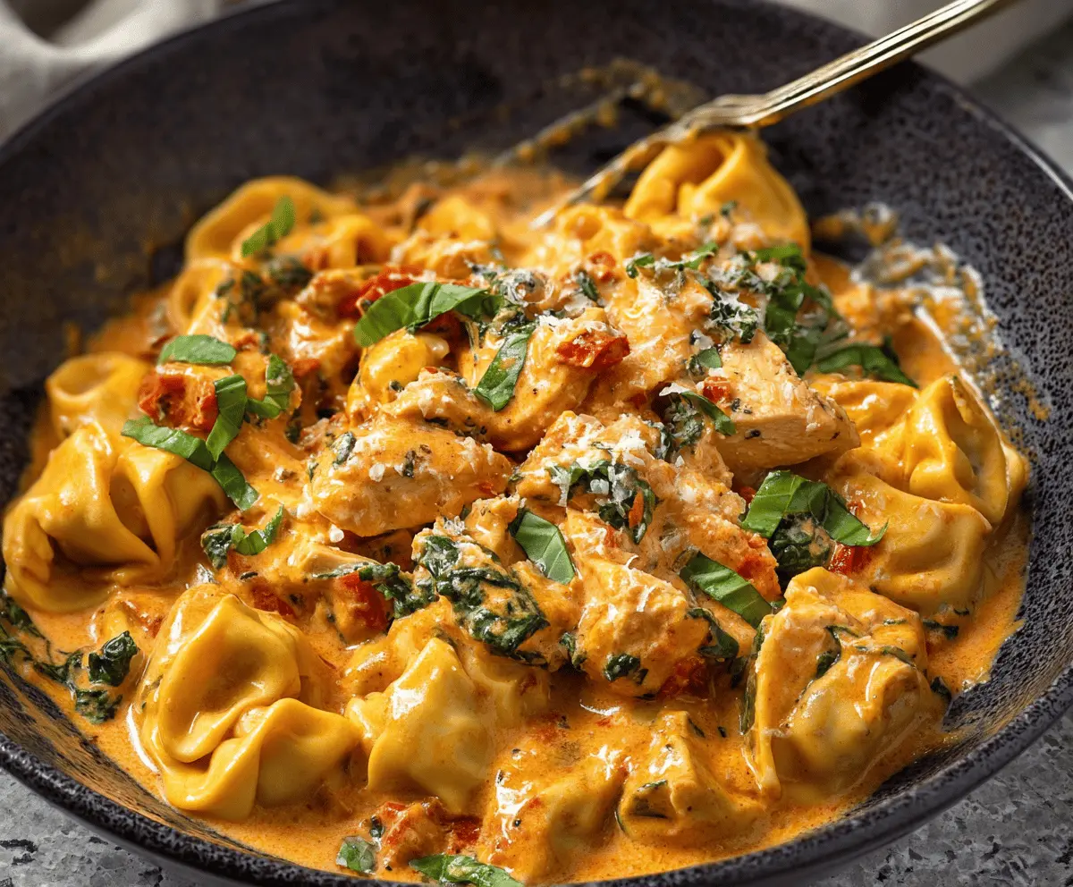 Creamy Marry Me Chicken Tortellini dish featuring tender tortellini, spinach, and a savory, cheesy sauce served on a white plate.