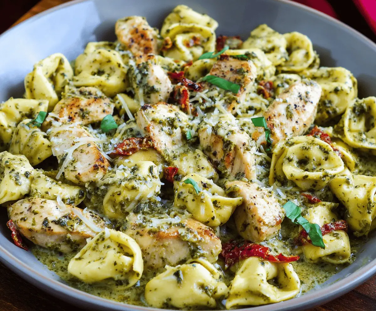 Creamy pesto chicken tortellini served with fresh basil and grated Parmesan cheese on a white plate, garnished with cherry tomatoes and basil leaves.