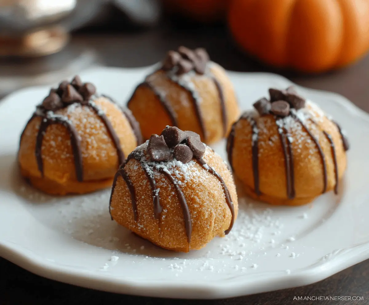 Creamy pumpkin cheesecake truffles coated in chocolate, perfect for fall desserts and holiday treats.