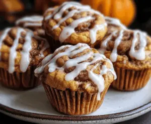 Delicious Pumpkin Cinnamon Roll Muffins topped with cinnamon glaze, perfect for fall breakfast or snack