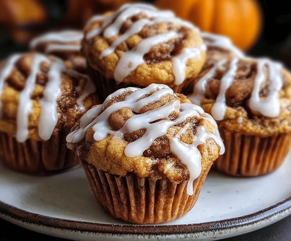 Delicious Pumpkin Cinnamon Roll Muffins topped with cinnamon glaze, perfect for fall breakfast or snack