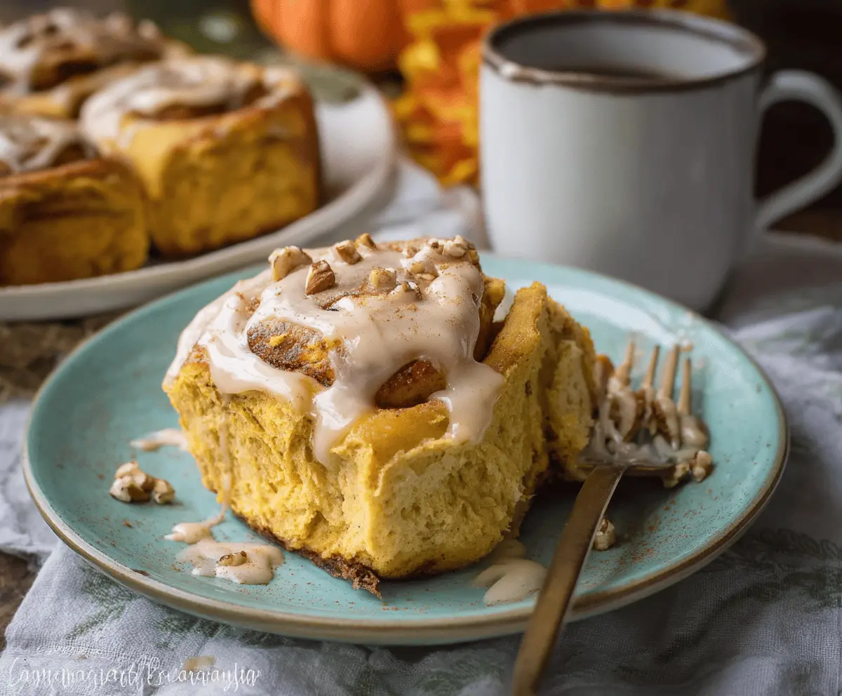 Delicious pumpkin cinnamon rolls topped with coffee maple frosting, served on a plate with a cup of coffee, perfect for fall breakfast or dessert