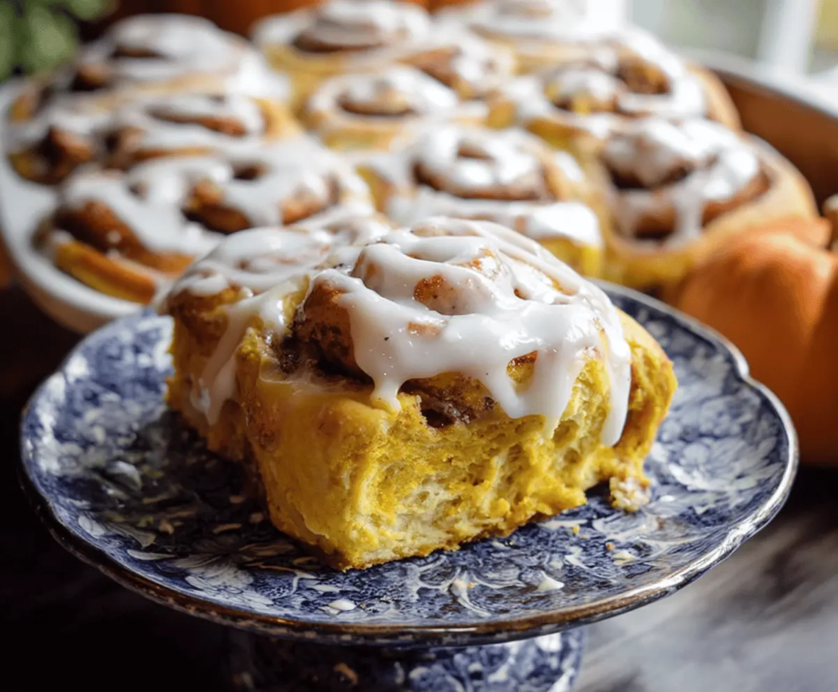 Delicious homemade pumpkin cinnamon rolls topped with cream cheese frosting on a rustic wooden table, perfect for fall breakfast or dessert