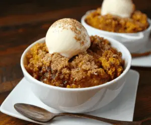 Delicious pumpkin cobbler topped with golden crust and whipped cream, perfect for fall dessert enjoyment