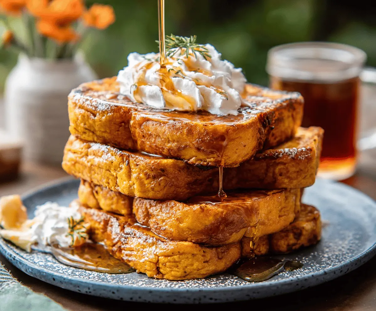 Delicious pumpkin French toast topped with whipped cream and cinnamon, served with fresh berries for a cozy breakfast
