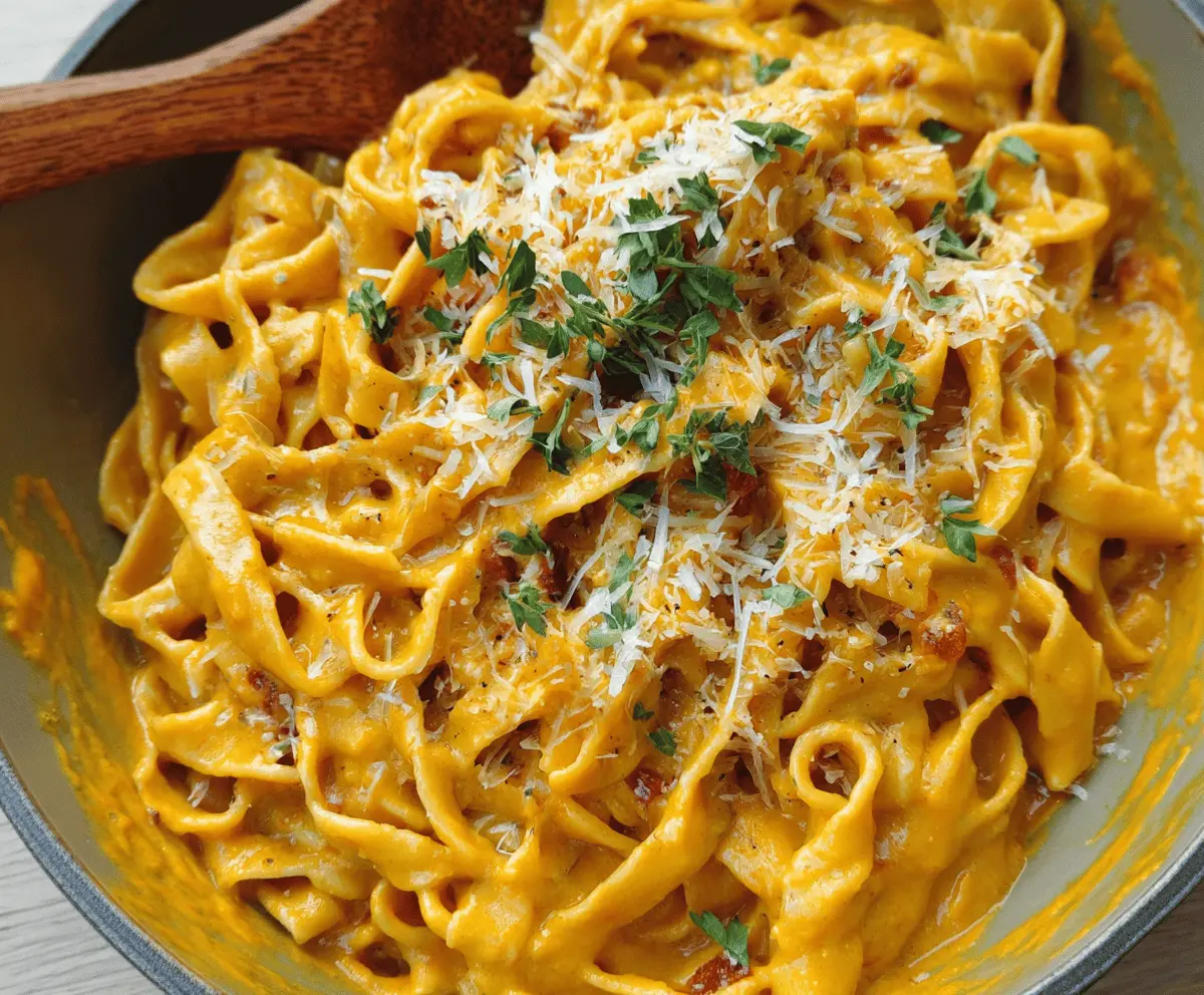 Creamy pumpkin pasta sauce with fresh herbs served over al dente pasta, perfect for fall-inspired vegetarian dishes.