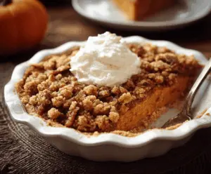 Delicious pumpkin pie crisp topped with cinnamon streusel, served with whipped cream on a festive fall dessert plate.