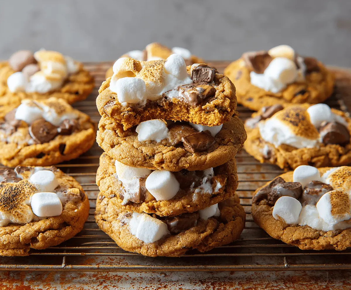 Delicious Pumpkin S'mores Cookies with gooey marshmallows, chocolate, and a spiced pumpkin flavor on a rustic wooden surface