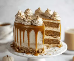 Delicious Pumpkin Spice Latte Cake topped with whipped cream and cinnamon, perfect for fall desserts.