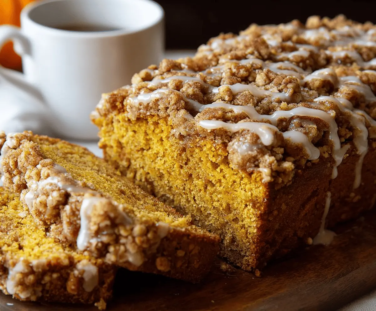 Delicious Pumpkin Streusel Bread topped with golden crumble, sliced to reveal moist pumpkin-filled interior, perfect for fall baking.