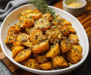 Roasted sweet potatoes topped with garlic and Parmesan cheese served on a white plate, garnished with fresh herbs