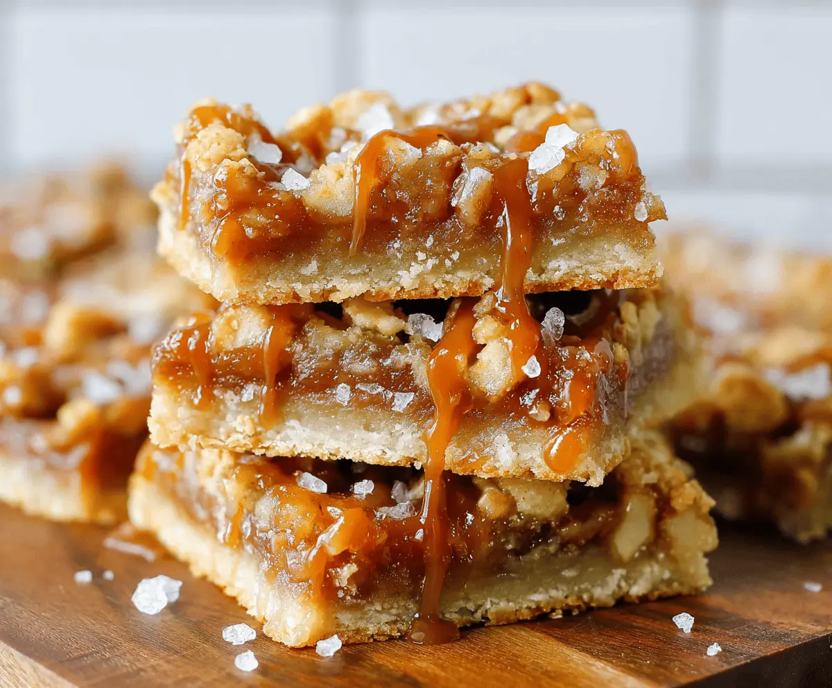 Delicious salted caramel apple bars with golden crust, caramel drizzle, and sliced fresh apples on top, perfect for fall desserts.