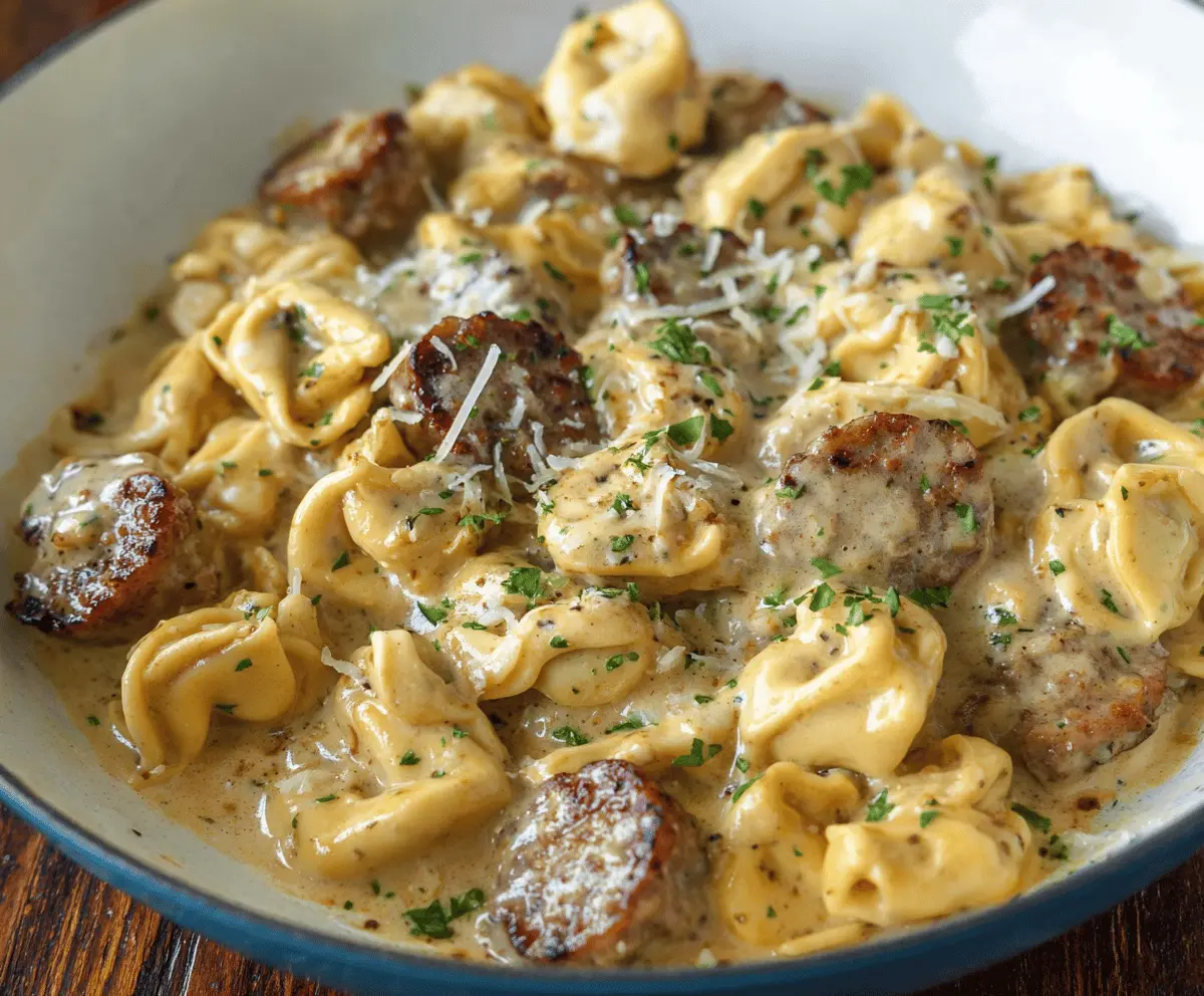 Creamy sausage tortellini Alfredo dish with melted cheese and fresh herbs, perfect for a flavorful pasta dinner.