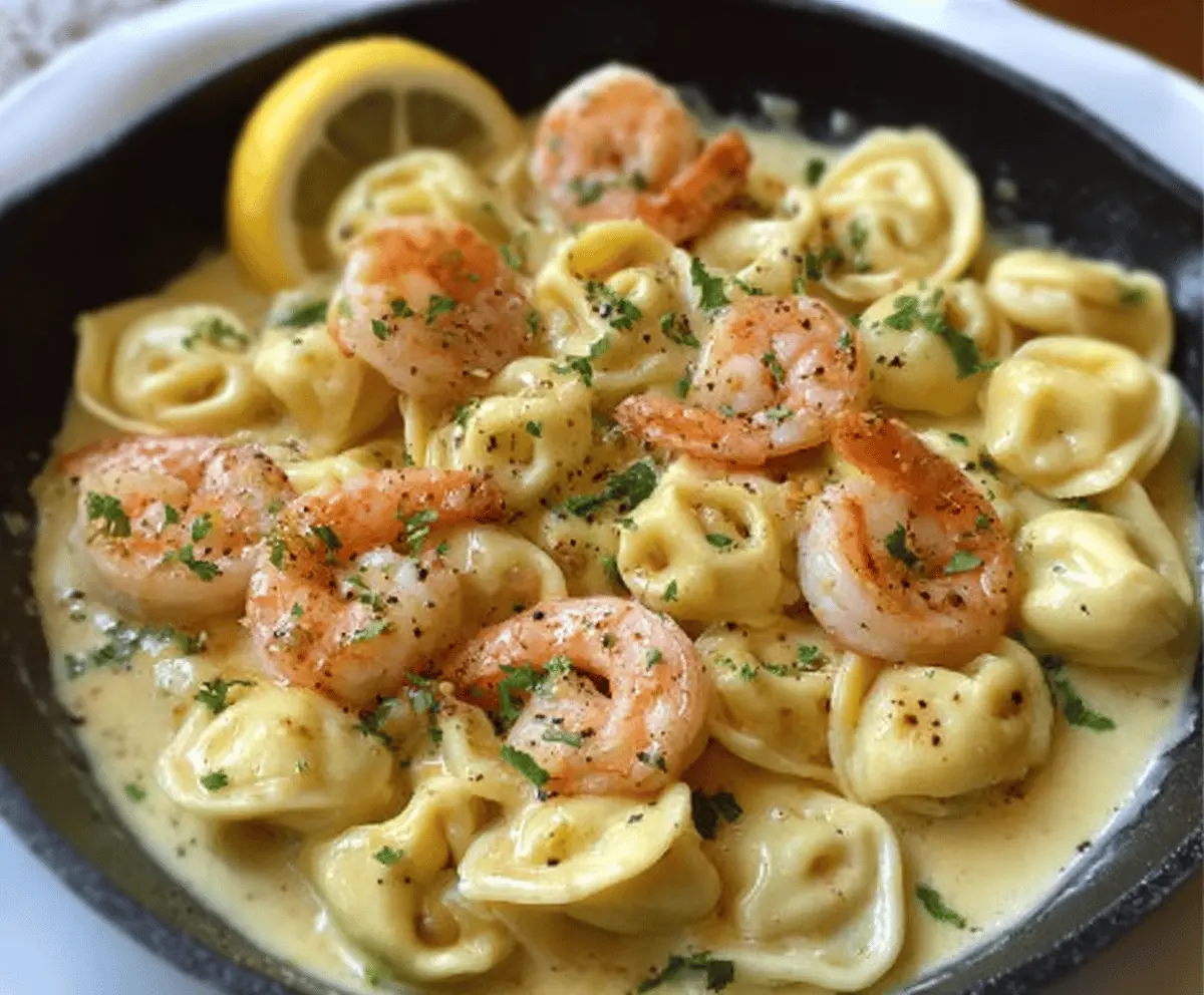 Delicious shrimp and cheese tortellini pasta served in a creamy lemon garlic sauce garnished with fresh herbs