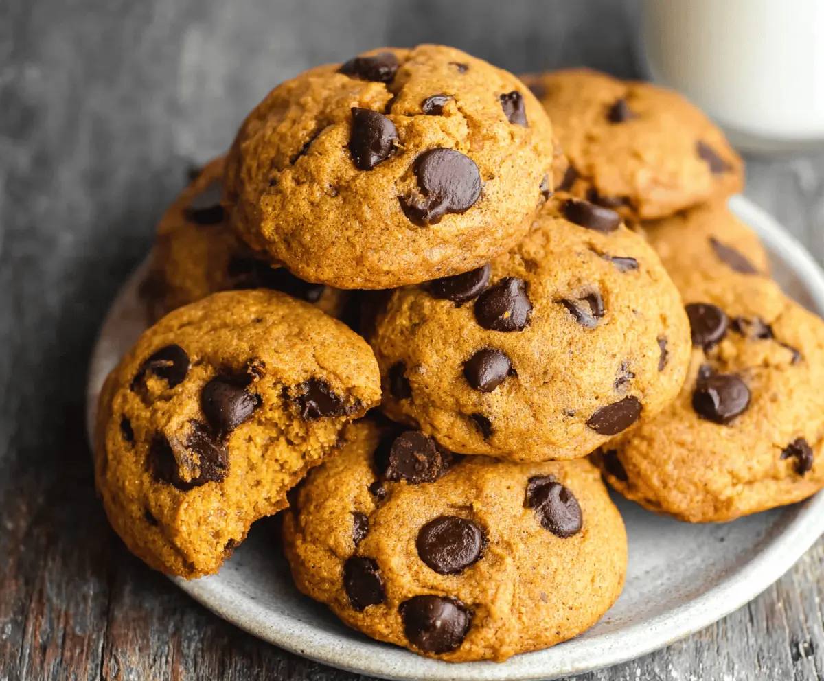 Soft and gooey pumpkin chocolate chip cookies fresh out of the oven, showcasing a warm, chewy texture with chocolate chips and pumpkin puree in each bite.