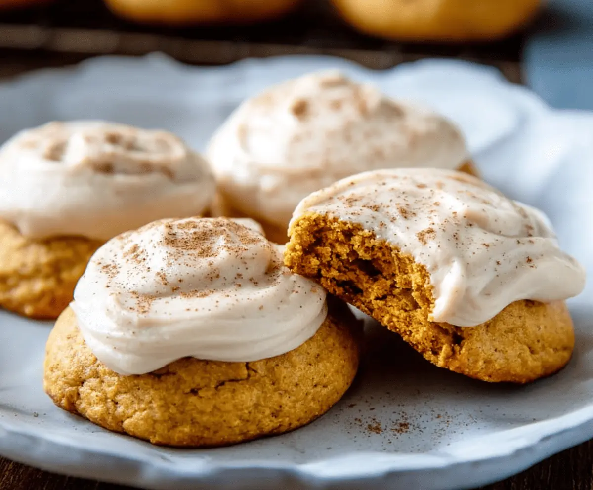 Delicious soft pumpkin cookies topped with creamy cinnamon frosting, perfect for fall desserts and holiday treats