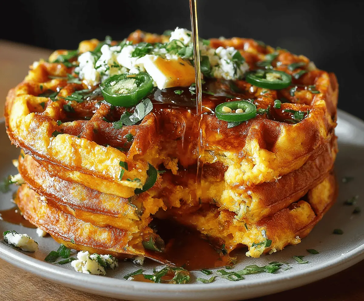 Delicious Spicy Cheddar Jalapeño Cornbread Waffles topped with melted cheese and fresh jalapeño slices, served on a plate for breakfast or brunch.